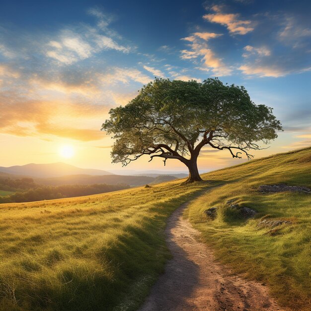 Paisagem rural com uma árvore em um morro em um prado ao nascer do sol