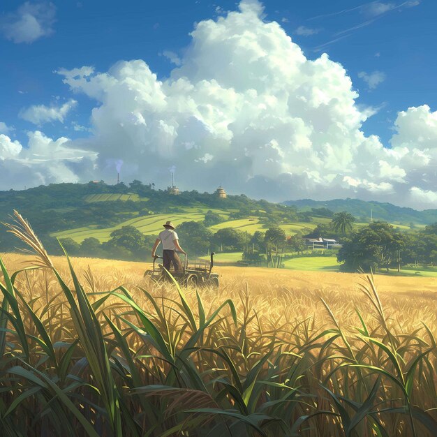 Foto paisagem rural idílica com um fazendeiro em um carrinho puxado por cavalos sob um céu nublado