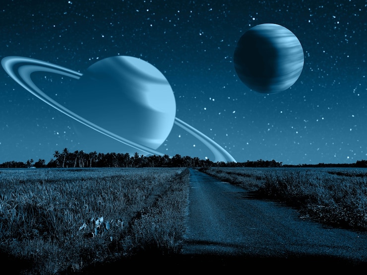 Paisagem rural noturna com céu de fantasia