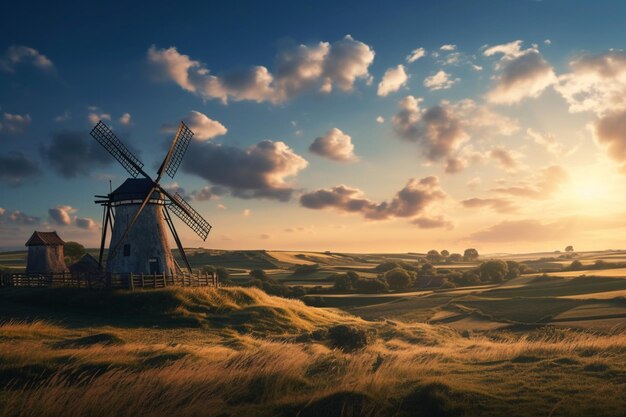 Foto paisagem rural pacífica na hora dourada com casas pitorescas e moinhos de vento