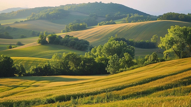 Paisagem rural pitoresca com prados e vegetação