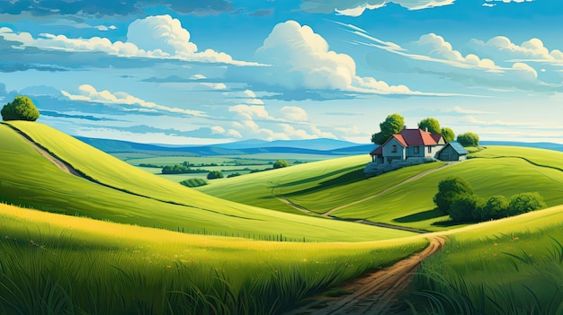 Paisagem rural tranquila com campos, pastagens e estradas sinuosas em estilo de desenho animado