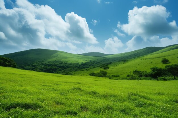 Paisagem rural tranquila com colinas verdes, céu azul claro e atmosfera tranquila