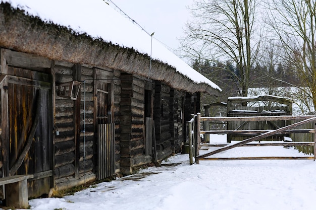 Paisagem russa de inverno Uma velha cabana de madeira uma casa de toras com telhado de palha Aldeia russa abandonada coberta de neve Casa de toras com celeiro