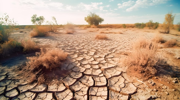 Paisagem seca causada pela seca e escassez de água com terra seca rachada e vegetação morta