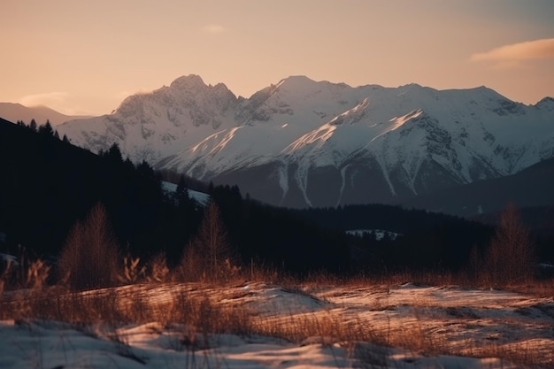 Paisagem selvagem coberta de neve à luz do pôr do sol e enormes montanhas generativas ai