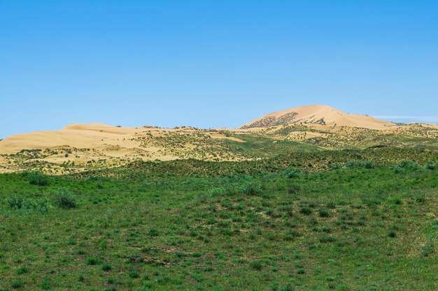 Paisagem semidesértica nas proximidades da duna de areia Sarykum