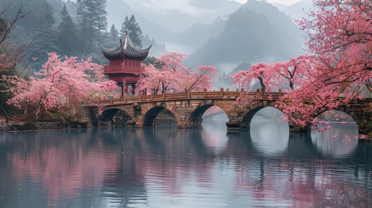Foto paisagem serena com pagode de ponte e flores de cerejeira