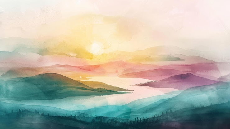 Foto paisagem serena de aquarela com um amanhecer deslumbrante sobre cordilheiras coloridas e um lago tranquilo ideal para temas pacíficos e inspiradores
