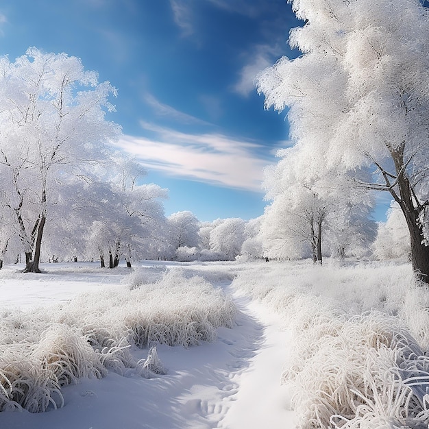 Paisagem serena de inverno Floresta coberta de neve e lago congelado