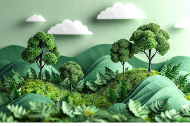 Paisagem serena de papel verde com árvores, colinas e nuvens em um design de artesanato criativo