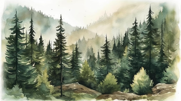 Paisagem serena em aquarela de pinheiros em uma floresta verde