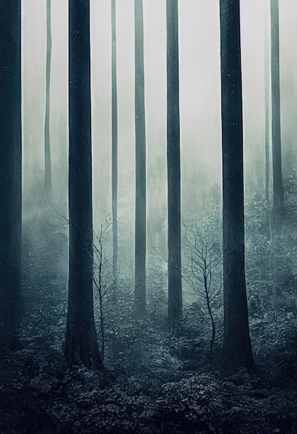 Paisagem sombria, assustadora e nebulosa da floresta escura Fundo de floresta de horror misterioso surreal