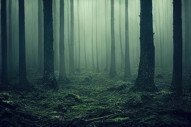 Paisagem sombria, assustadora e nebulosa da floresta escura Fundo de floresta de horror misterioso surreal