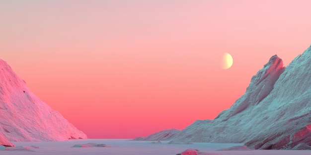 Paisagem sonhosa de pastel rosa com montanhas e lua