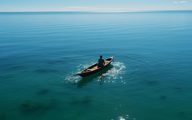 Paisagem sozinho homem está deitado e relaxando no barco de cauda longa no mar azul no verão