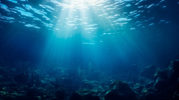 paisagem subaquática com sol e raios de peixes tropicais