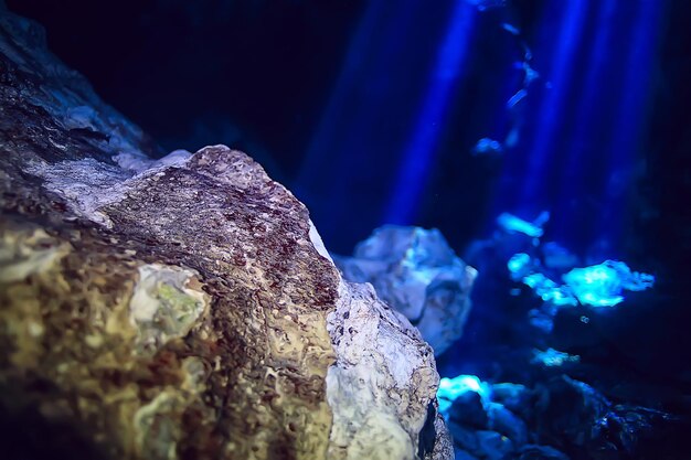 paisagem subaquática de estalactites de cavernas, mergulho em cavernas, iucatão, México, vista no cenote sob a água