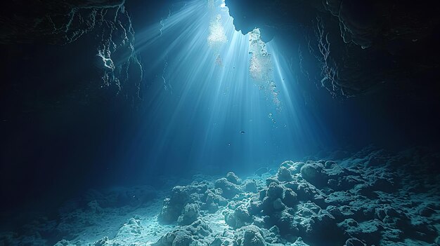 Paisagem subaquática mística iluminada por raios de sol uma cena marinha tranquila com penetração de luz perfeita para o fundo ou conceito de ambiente ai