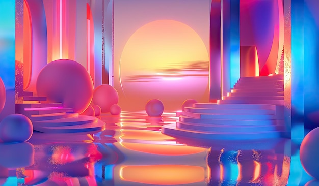 Paisagem surreal com cores de néon e água refletora ao pôr-do-sol
