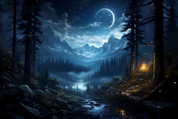 Paisagem surreal da noite do lago com reflexão da lua
