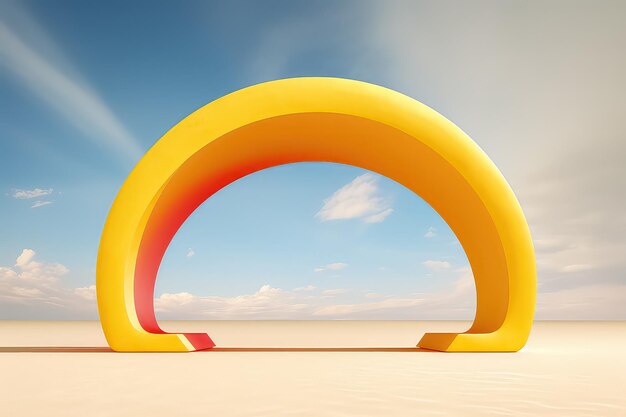 Paisagem surreal do deserto com nuvens brancas entrando nos portais quadrados amarelos em um dia ensolarado