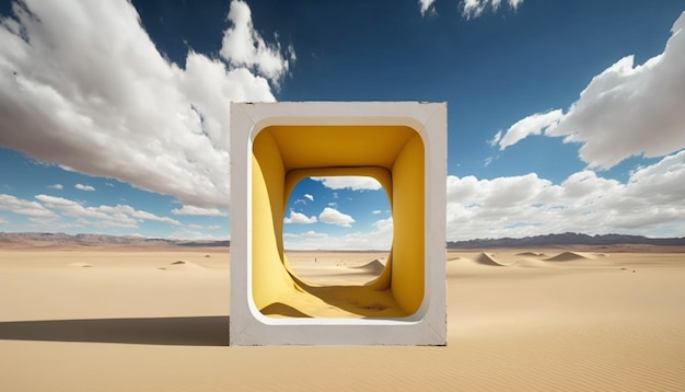 Paisagem surreal do deserto com nuvens brancas entrando nos portais quadrados amarelos no dia ensolarado Ai generative