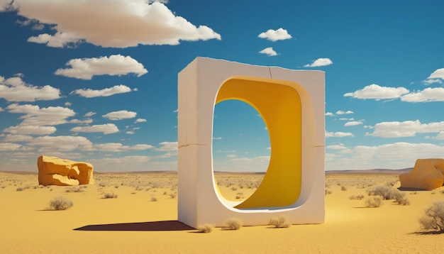 Paisagem surreal do deserto com nuvens brancas entrando nos portais quadrados amarelos no dia ensolarado Ai generative