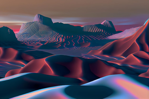 paisagem surreal montanhas y2k estilo synthwave