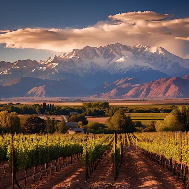 Paisagem surrealista cativante das vinhas, montanhas e adega de vinho de Mendoza