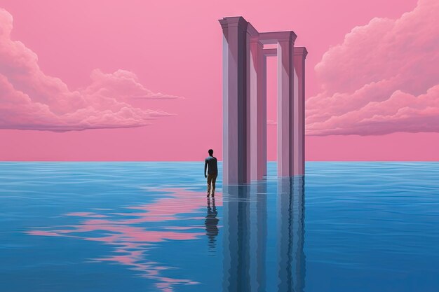 Paisagem surrealista de vaporwave com elementos de arquitetura abstratos na água Paisagem de sonho