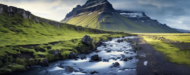 Paisagem tradicional da Islândia com casa areia preta paisagem de lava verde Generative ai