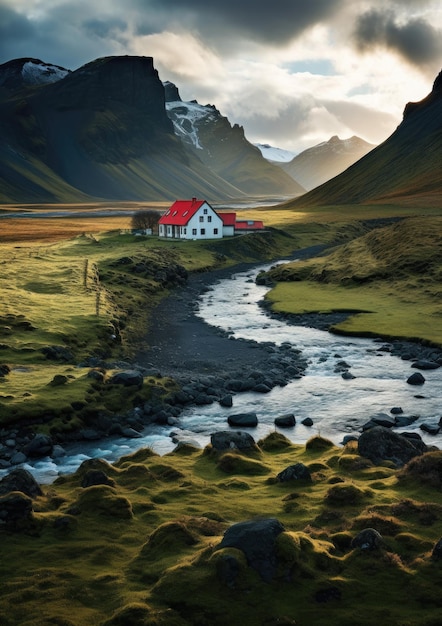 Paisagem tradicional da Islândia com casa areia preta paisagem de lava verde Generative ai