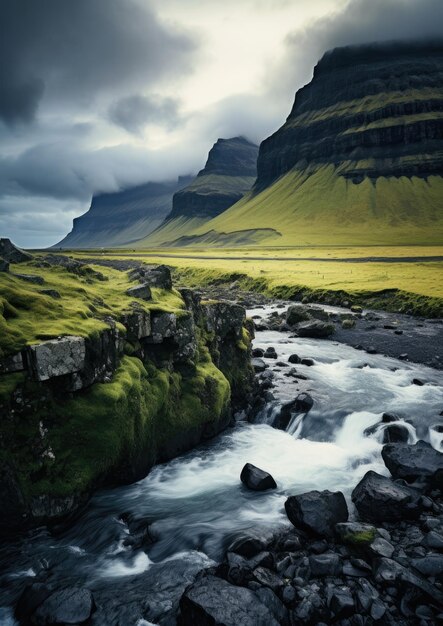 Paisagem tradicional da Islândia com casa areia preta paisagem de lava verde Generative ai