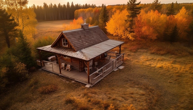 Paisagem tranquila de outono, cabana velha, folhas amarelas, pinheiros gerados por IA