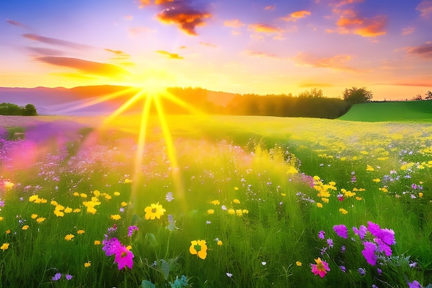 Paisagem tranquila de prados com flores silvestres coloridas e pôr-do-sol radiante