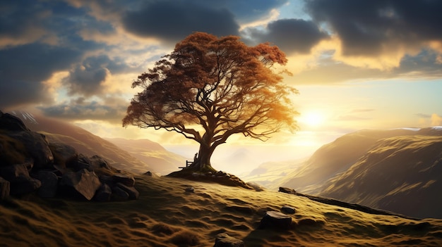 paisagem tranquila e tranquila árvore solitária em uma encosta na luz do pôr-do-sol