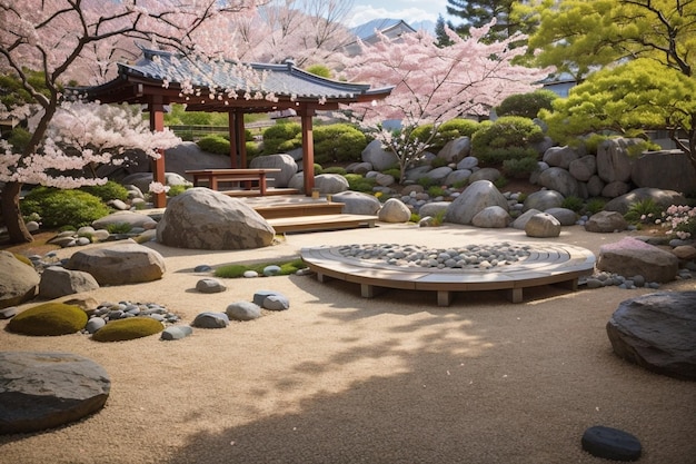 Paisagem tranquila jardim zen paisagem bonita flores de cerejeira imagens de fundo