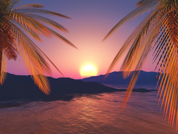 paisagem tropical 3D com palmeiras contra um oceano por do sol