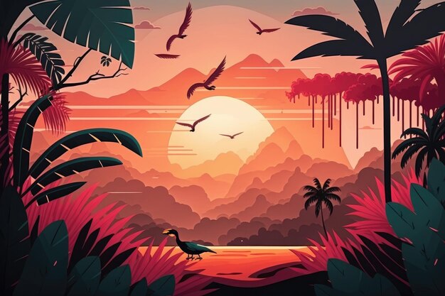 Paisagem tropical ao amanhecer em estilo cartoon Jungle travel Generative AI