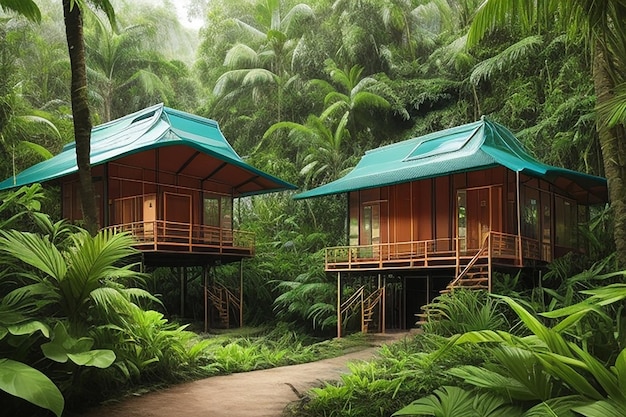 Paisagem tropical com vista para a chuva e para a casa nos trópicos.