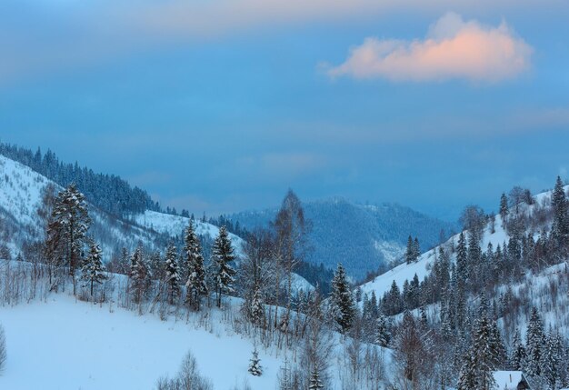 Paisagem ucraniana das montanhas dos cárpatos do inverno do pôr do sol