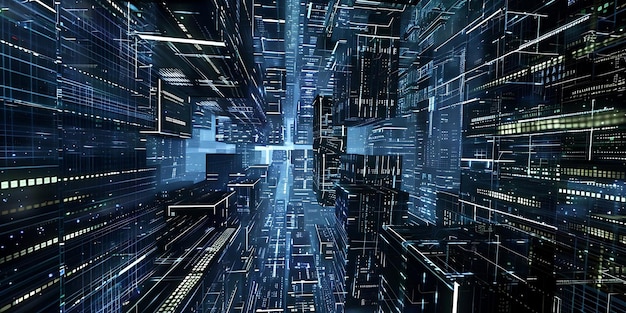 Paisagem urbana 3D abstrata com linhas brilhantes e dados