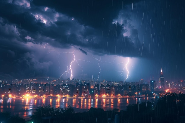 Paisagem urbana à noite com dois raios criando um cenário dramático