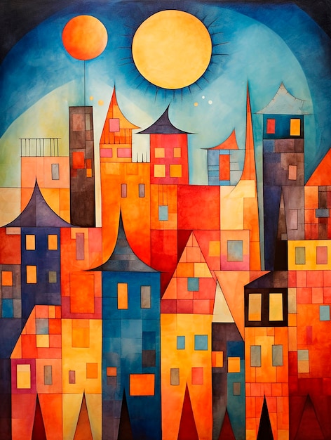 Paisagem urbana à noite com lua e sol Ilustração em aquarela