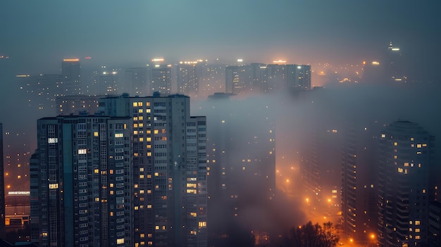 Paisagem urbana a partir de um edifício alto no nevoeiro iluminado pelas luzes da cidade