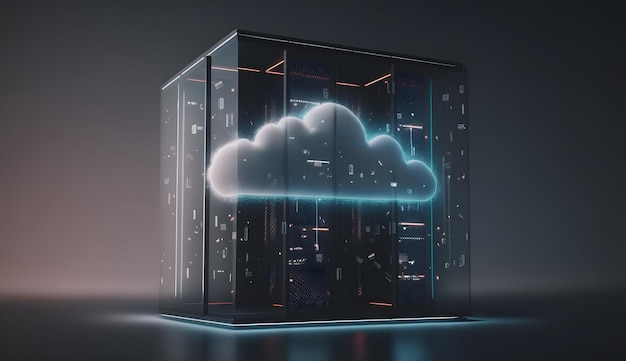 Paisagem urbana abstrata com servidor de nuvem em caixa de vidro representada em renderização 3D com estilo de fotogrametria e hologramas de nuvem fractal