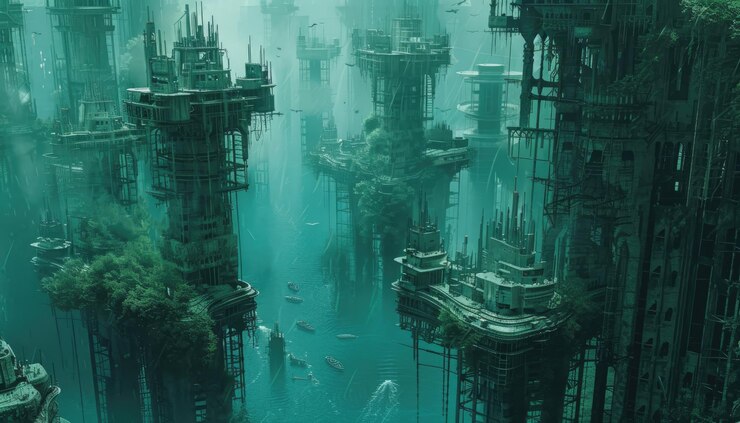 Foto paisagem urbana coberta de vegetação com cursos de água e barcos