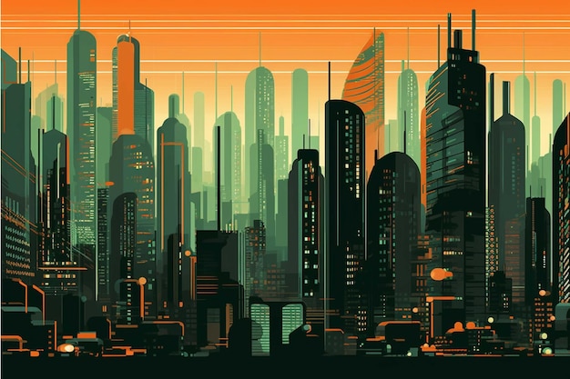 Paisagem urbana com arranha-céus e edifícios ilustração vetorial em estilo retro