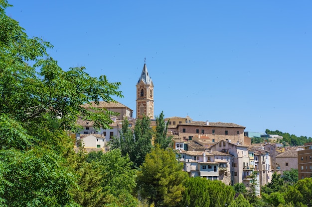 Paisagem urbana com campanário cercado por andorinhas em um dia ensolarado de verão